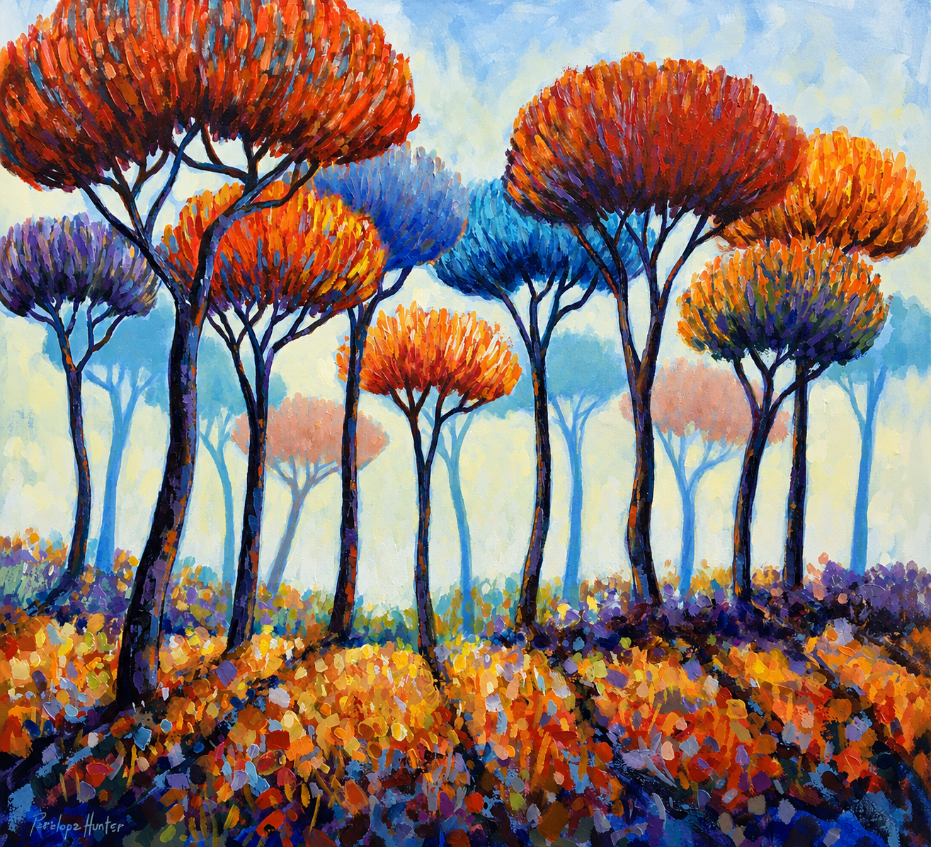 Penelope Hunter original acrylic painting on stretched canvas depicting a grove of tall trees with vivid orange umbrella-shaped canopies