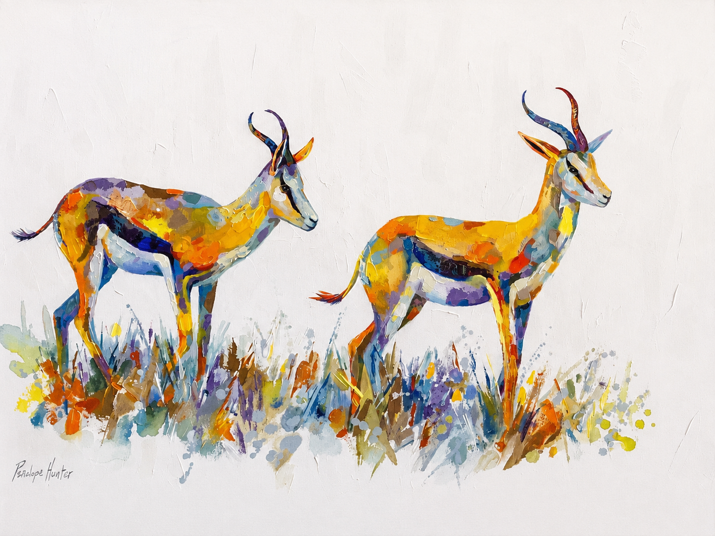 Penelope Hunter original acrylic painting on stretched canvas depicting two colourful springbok standing together in expressive grassland