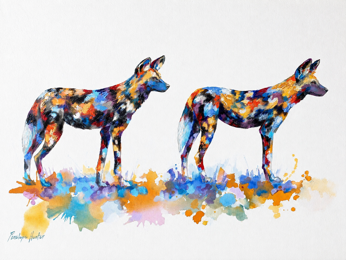 Penelope Hunter original acrylic painting on stretched canvas depicting two colourful African wild dogs standing together against a light background