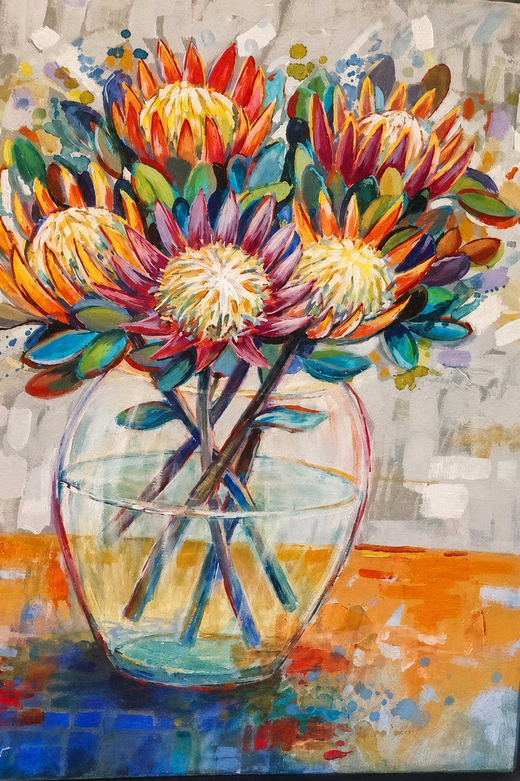 Penelope Hunter original acrylic painting on stretched canvas depicting colourful protea flowers arranged in a rounded clear glass vase