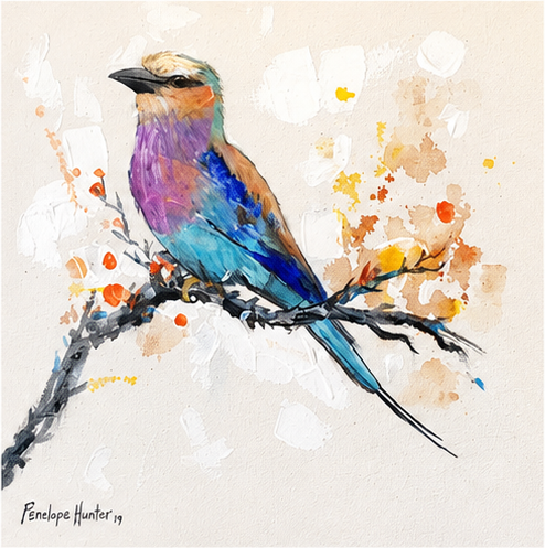 Penelope Hunter original acrylic painting on stretched canvas depicting a violet and blue bird with warm orange markings perched on a branch
