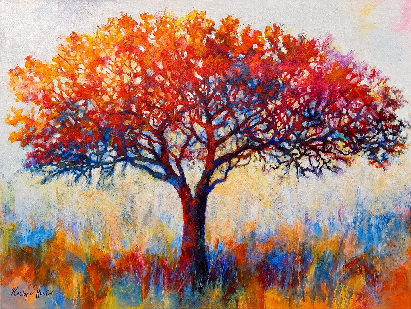 Penelope Hunter original acrylic painting on stretched canvas depicting a vivid red and orange acacia tree above a colourful African grassland