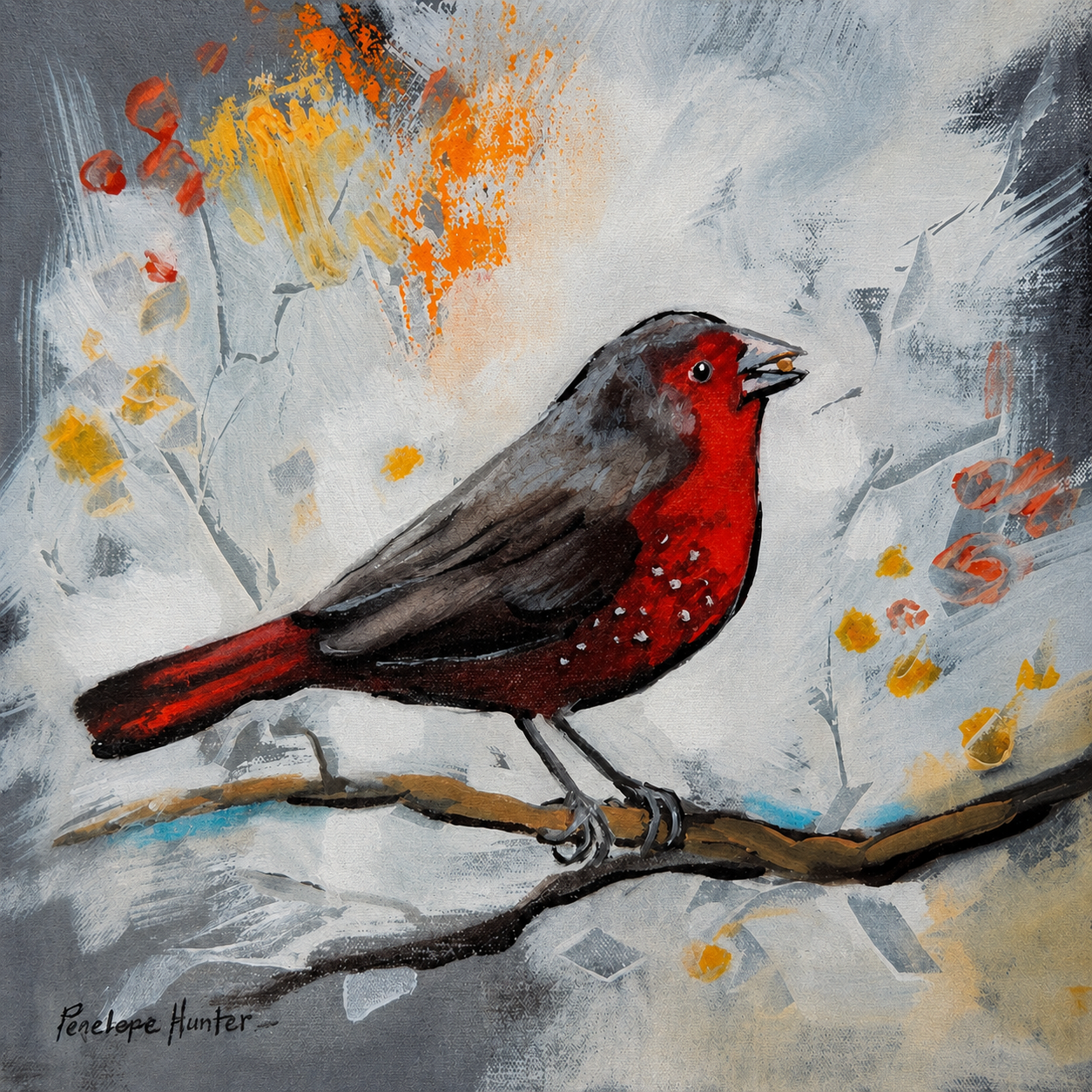 Penelope Hunter original acrylic painting on stretched canvas depicting a vivid red and black bishop bird perched on a dark branch