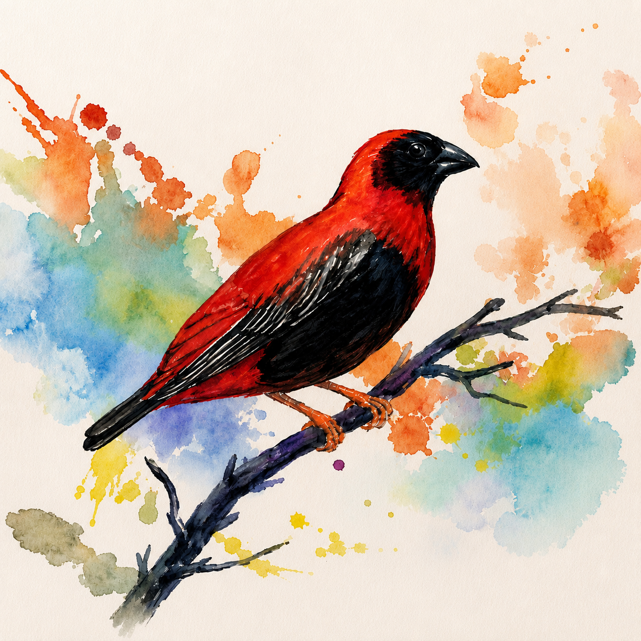 Penelope Hunter original acrylic painting on stretched canvas depicting a red and black bird perched among expressive splashes of colour