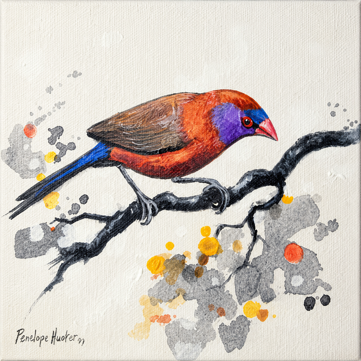 Penelope Hunter original acrylic painting on stretched canvas depicting a colourful red and blue bird perched on a twisting branch