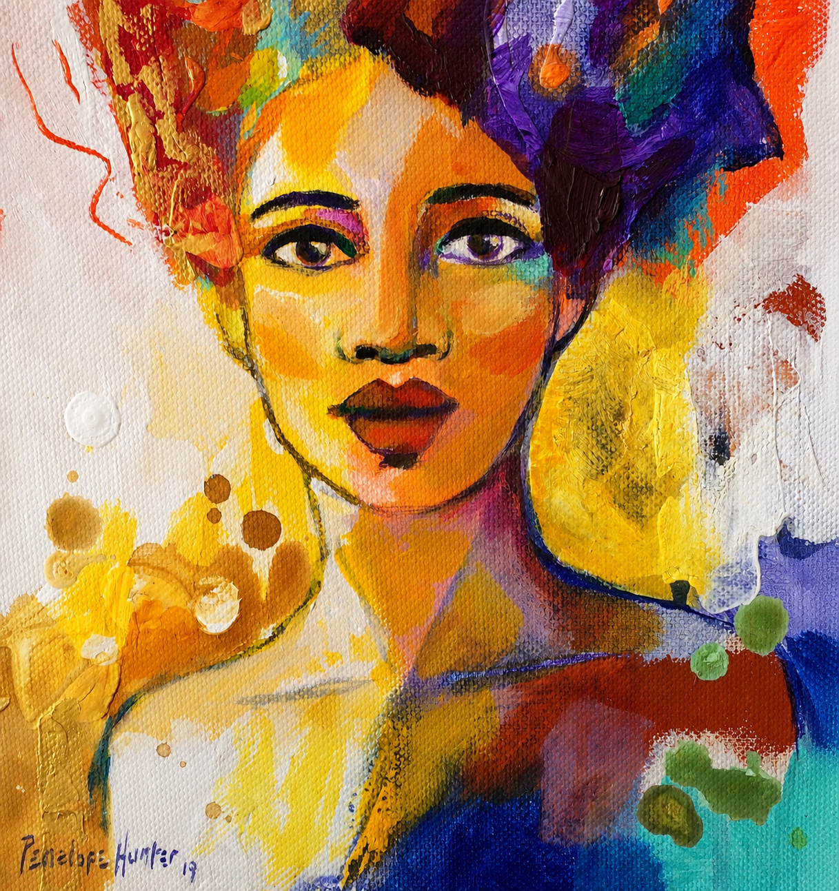 Penelope Hunter original acrylic painting on stretched canvas depicting a frontal woman portrait surrounded by vibrant red, blue and golden colour