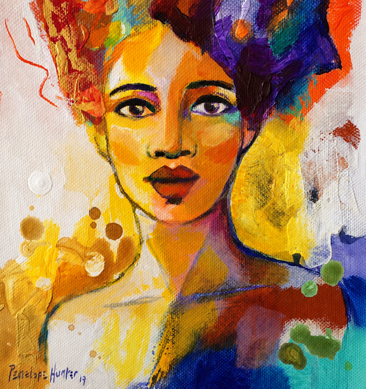 Penelope Hunter original acrylic painting on stretched canvas depicting a frontal woman portrait surrounded by vibrant red, blue and golden colour