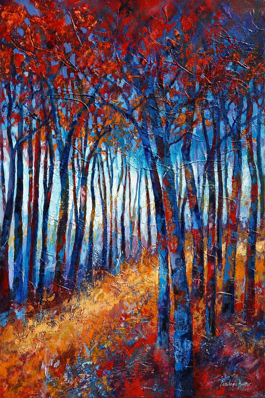 Penelope Hunter original acrylic painting on stretched canvas depicting a winding path through a forest of deep blue trunks and red foliage