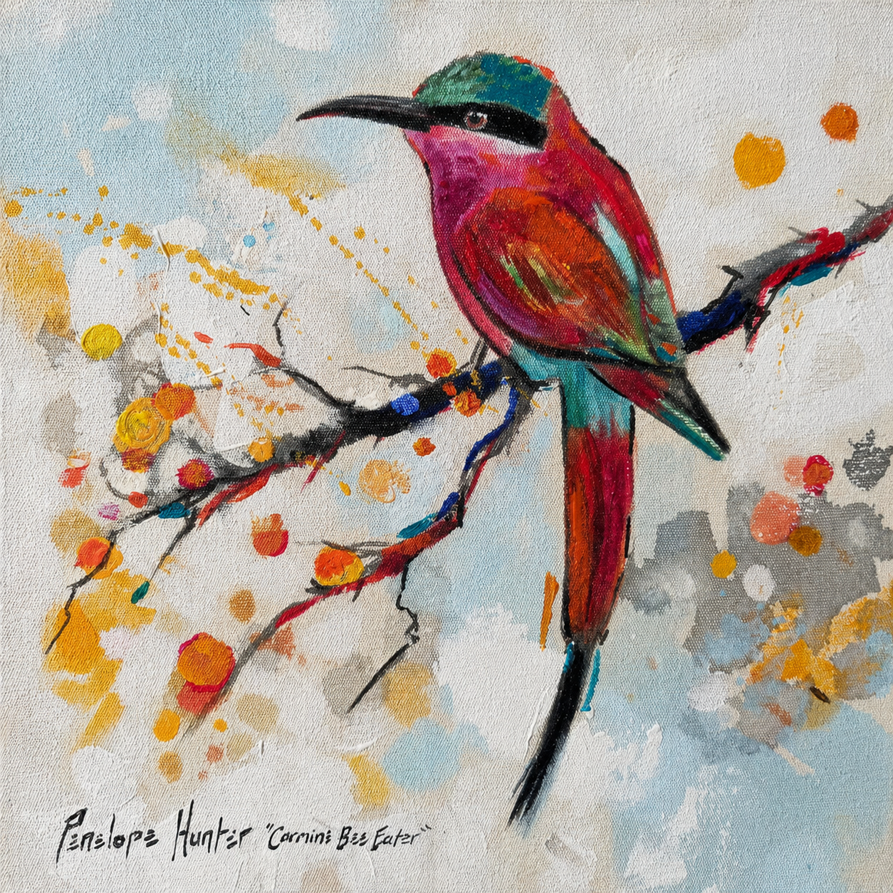 Penelope Hunter original acrylic painting on stretched canvas depicting a vibrant red and green bird perched on a flowering branch