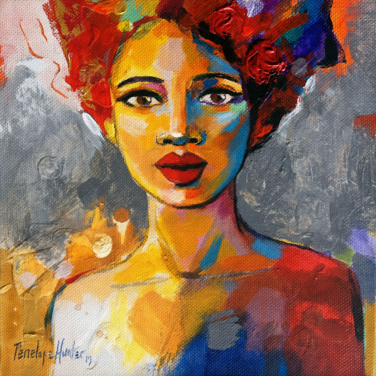 Penelope Hunter original acrylic painting on stretched canvas depicting a woman framed by rich red floral forms and vibrant colour