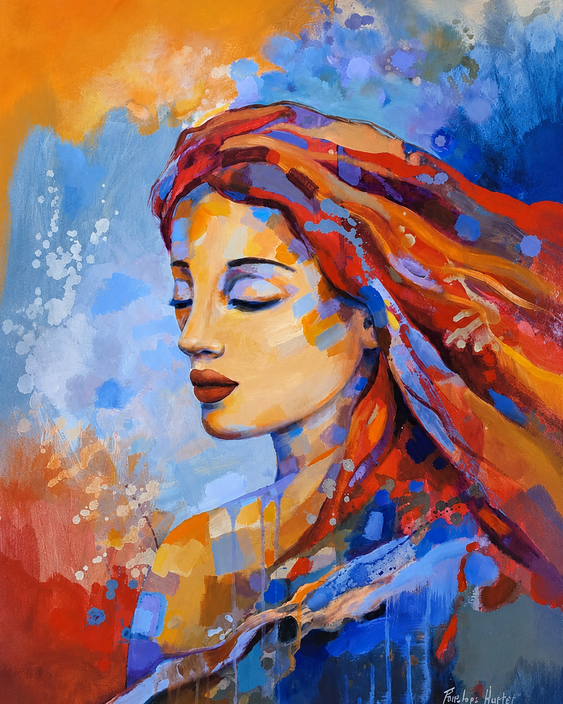 Penelope Hunter original acrylic painting on stretched canvas depicting a serene woman in profile with flowing red-orange hair against blue