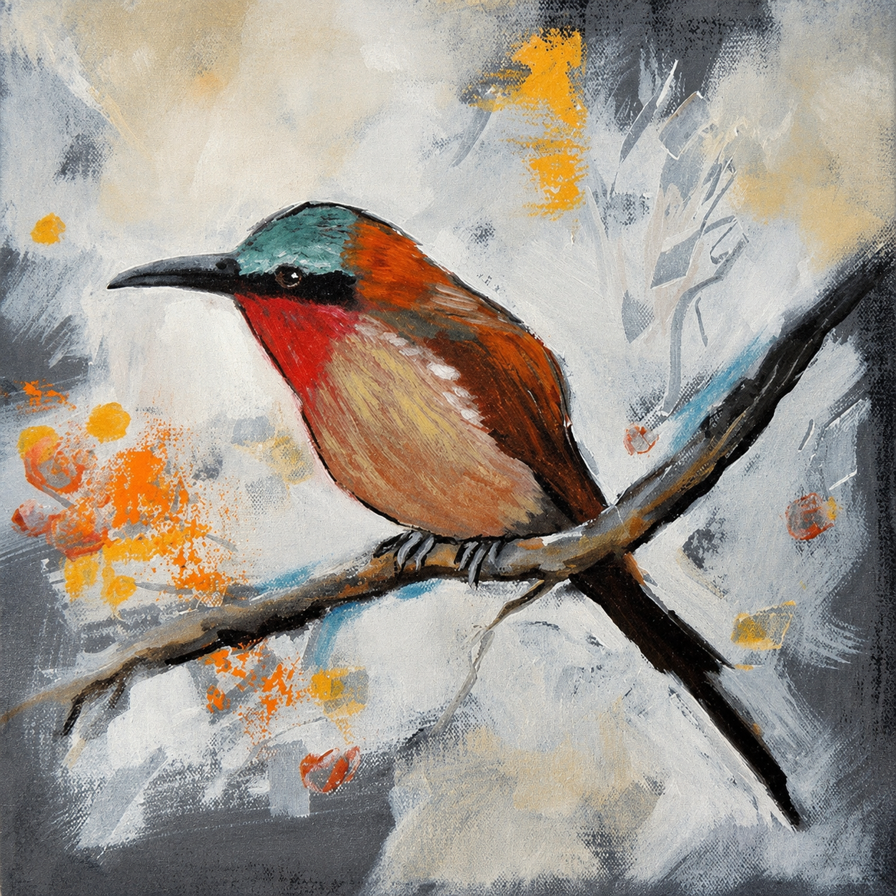 Penelope Hunter original acrylic painting on stretched canvas depicting a colourful red-orange and turquoise bird perched on a branch