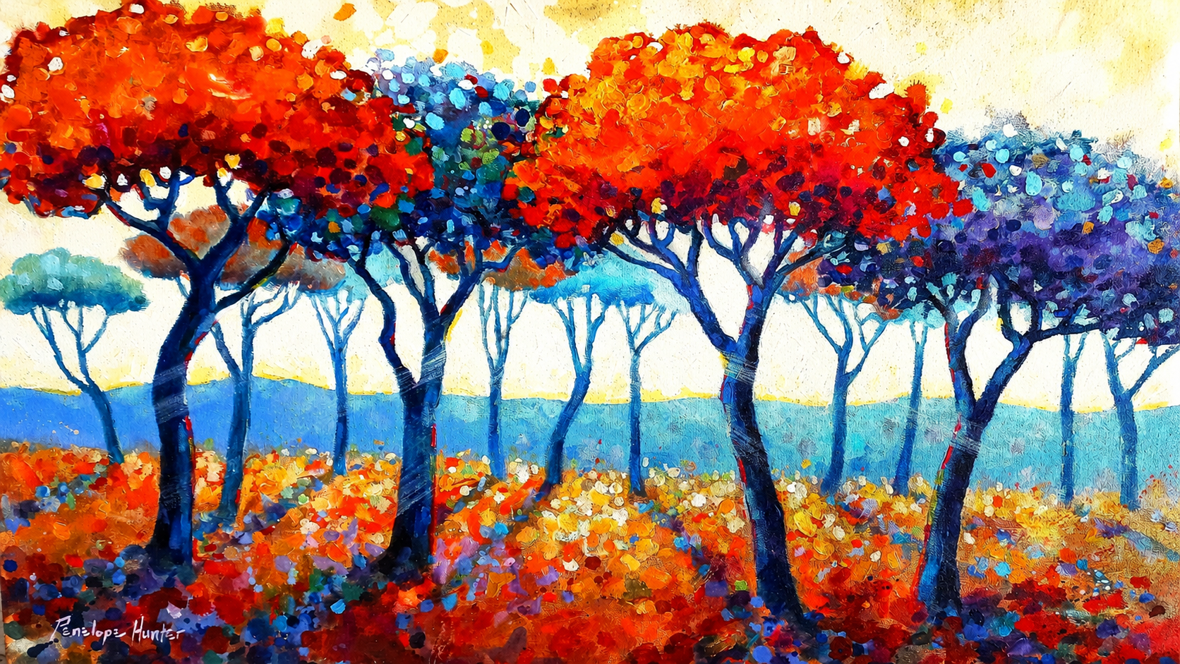 Penelope Hunter original acrylic painting on stretched canvas depicting a vibrant forest of red-orange trees with blue and golden accents