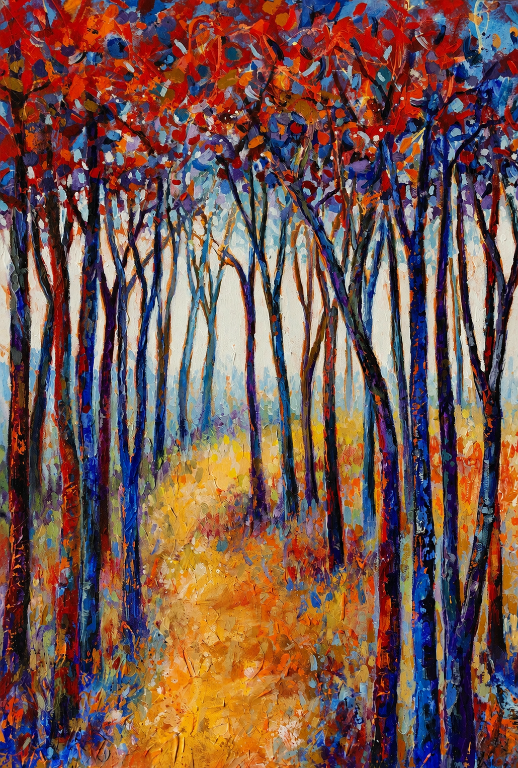 Penelope Hunter original acrylic painting on stretched canvas depicting an autumn woodland path surrounded by tall red and blue trees