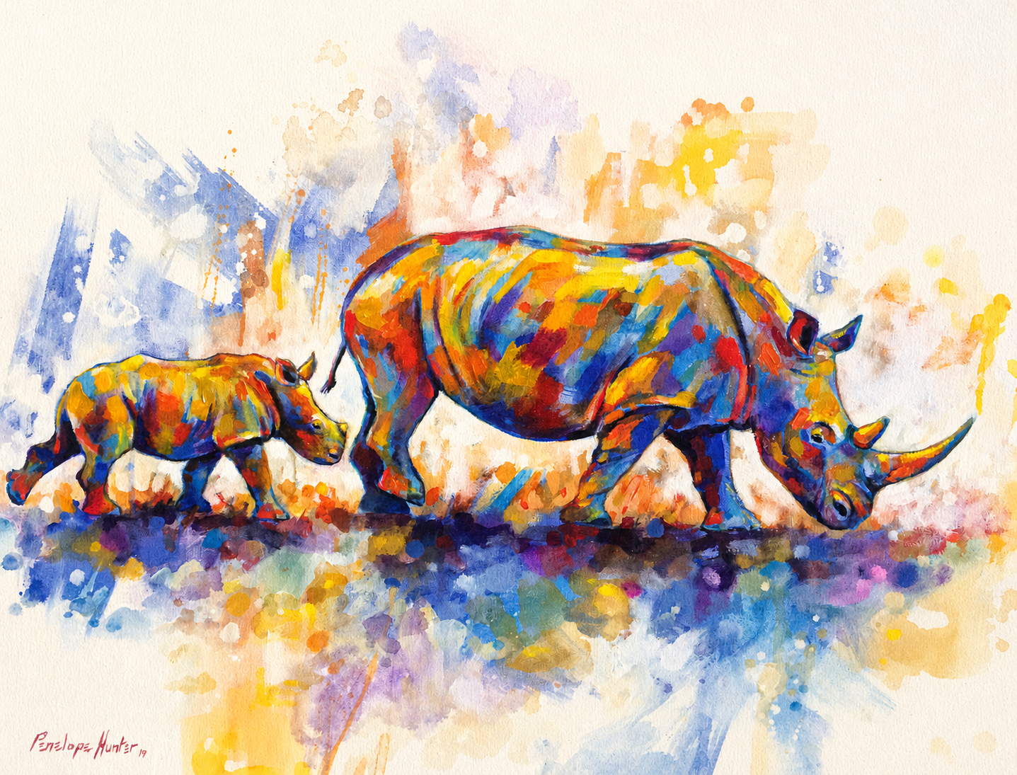 Penelope Hunter original acrylic painting on stretched canvas depicting a colourful rhinoceros and calf in expressive blue and orange tones