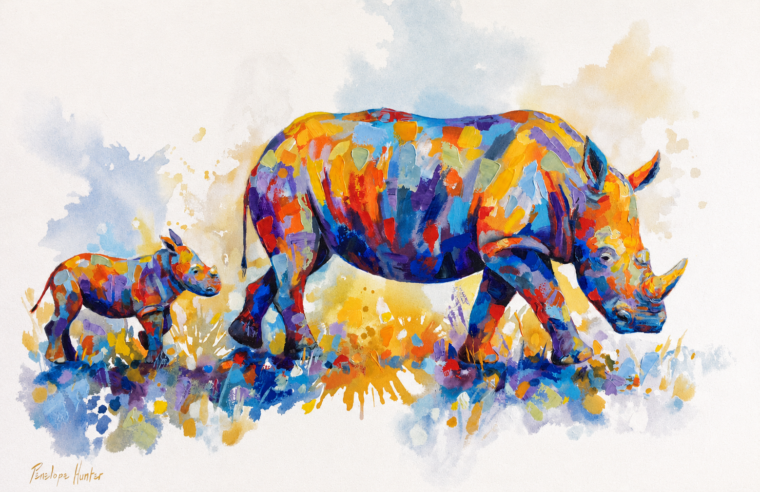 Penelope Hunter original acrylic painting on stretched canvas depicting a rhinoceros and calf in vibrant blue, orange and yellow colour