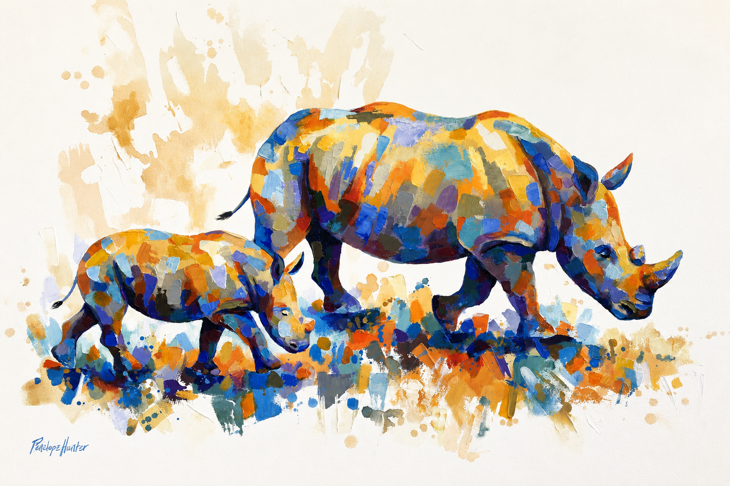 Penelope Hunter original acrylic painting on stretched canvas depicting a rhinoceros and calf in vibrant blue, orange and golden colour