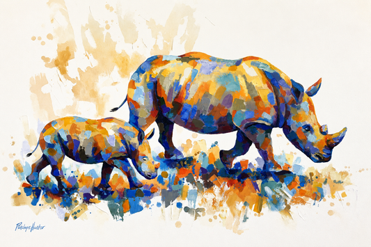 Penelope Hunter original acrylic painting on stretched canvas depicting a rhinoceros and calf in vibrant blue, orange and golden colour