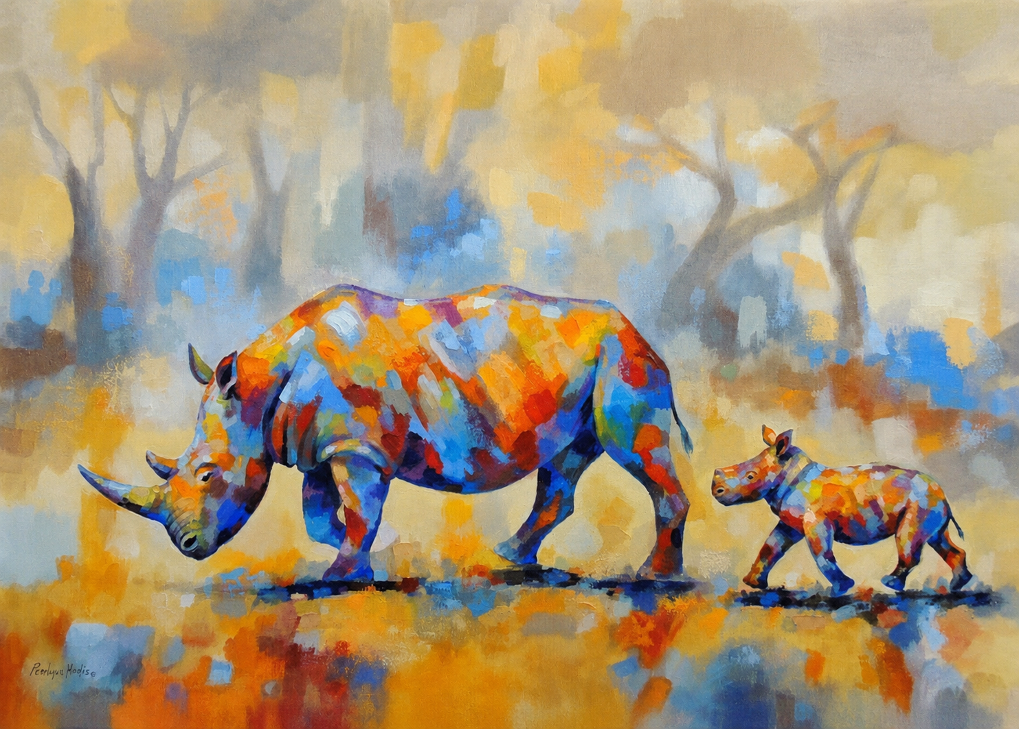 Penelope Hunter original acrylic painting on stretched canvas depicting an adult rhinoceros and calf walking together through a colourful landscape
