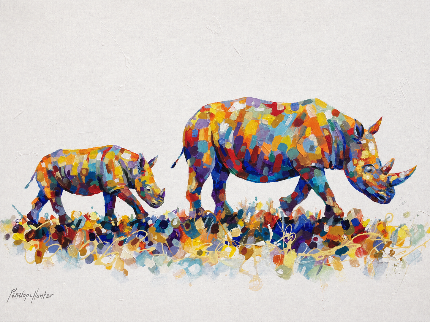 Penelope Hunter original acrylic painting on stretched canvas depicting a colourful rhinoceros and calf walking together in a panorama