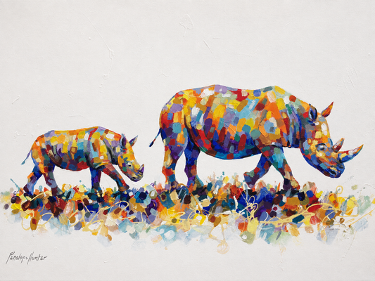 Penelope Hunter original acrylic painting on stretched canvas depicting a colourful rhinoceros and calf walking together in a panorama