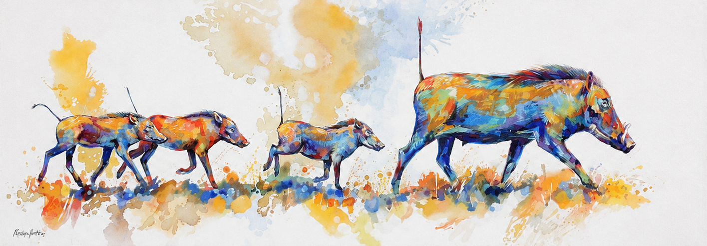Penelope Hunter original acrylic painting on stretched canvas depicting a colourful herd of rhinoceroses walking together in a panoramic composition