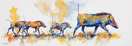 Penelope Hunter original acrylic painting on stretched canvas depicting a colourful herd of rhinoceroses walking together in a panoramic composition