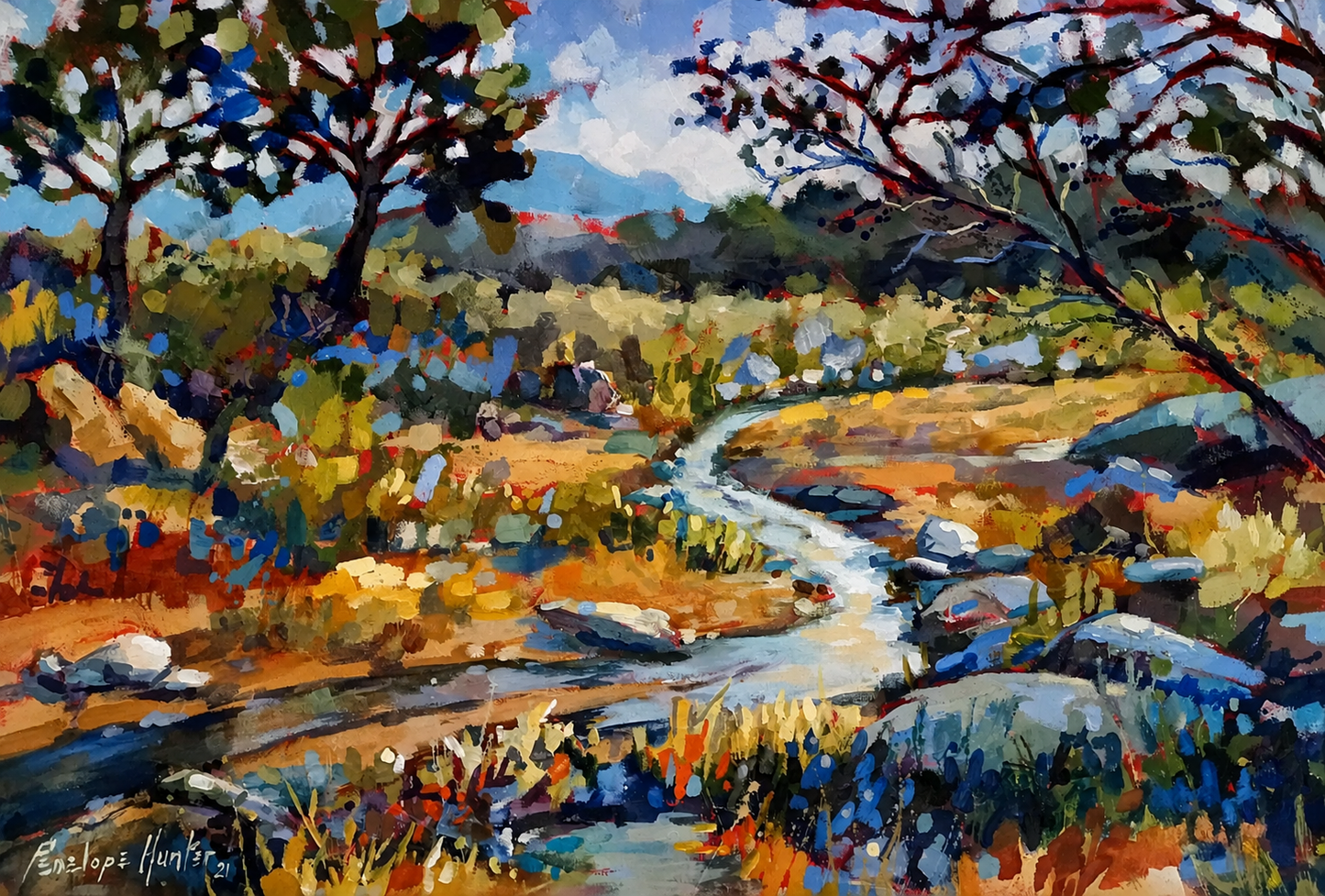 Penelope Hunter original acrylic painting on stretched canvas depicting a winding rocky river flowing through a colourful tree-lined landscape
