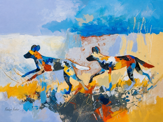 Penelope Hunter original acrylic painting on stretched canvas depicting African wild dogs running through a colourful blue and golden savanna