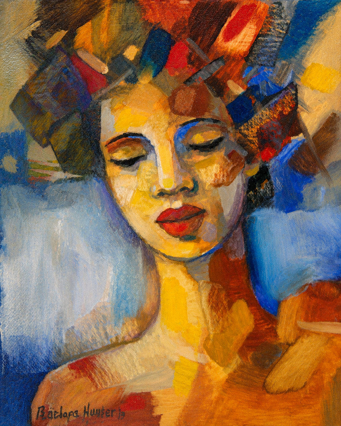 Penelope Hunter original acrylic painting on stretched canvas depicting a serene woman with closed eyes against a warm abstract background