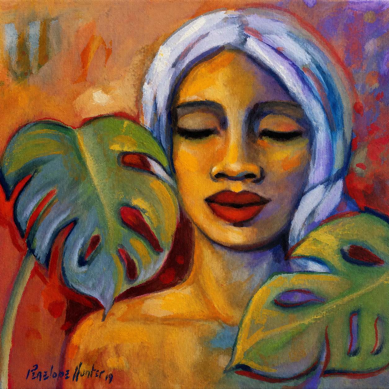 Penelope Hunter original acrylic painting on stretched canvas depicting a serene woman wearing a headwrap surrounded by large monstera leaves