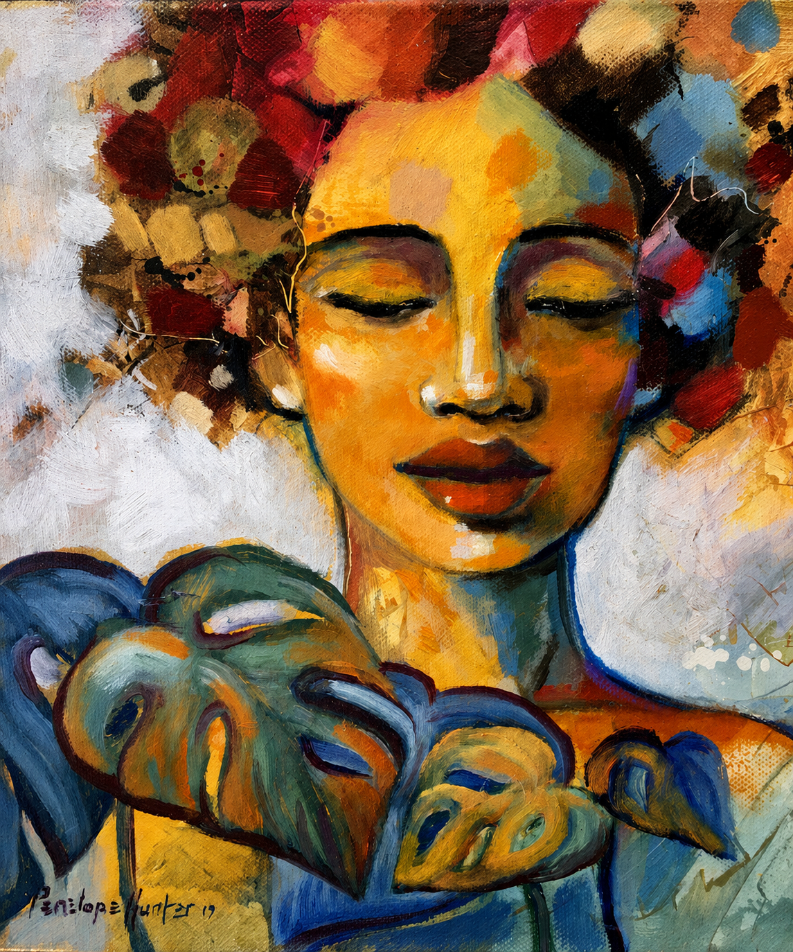 Penelope Hunter original acrylic painting on stretched canvas depicting a serene woman with closed eyes framed by large monstera leaves