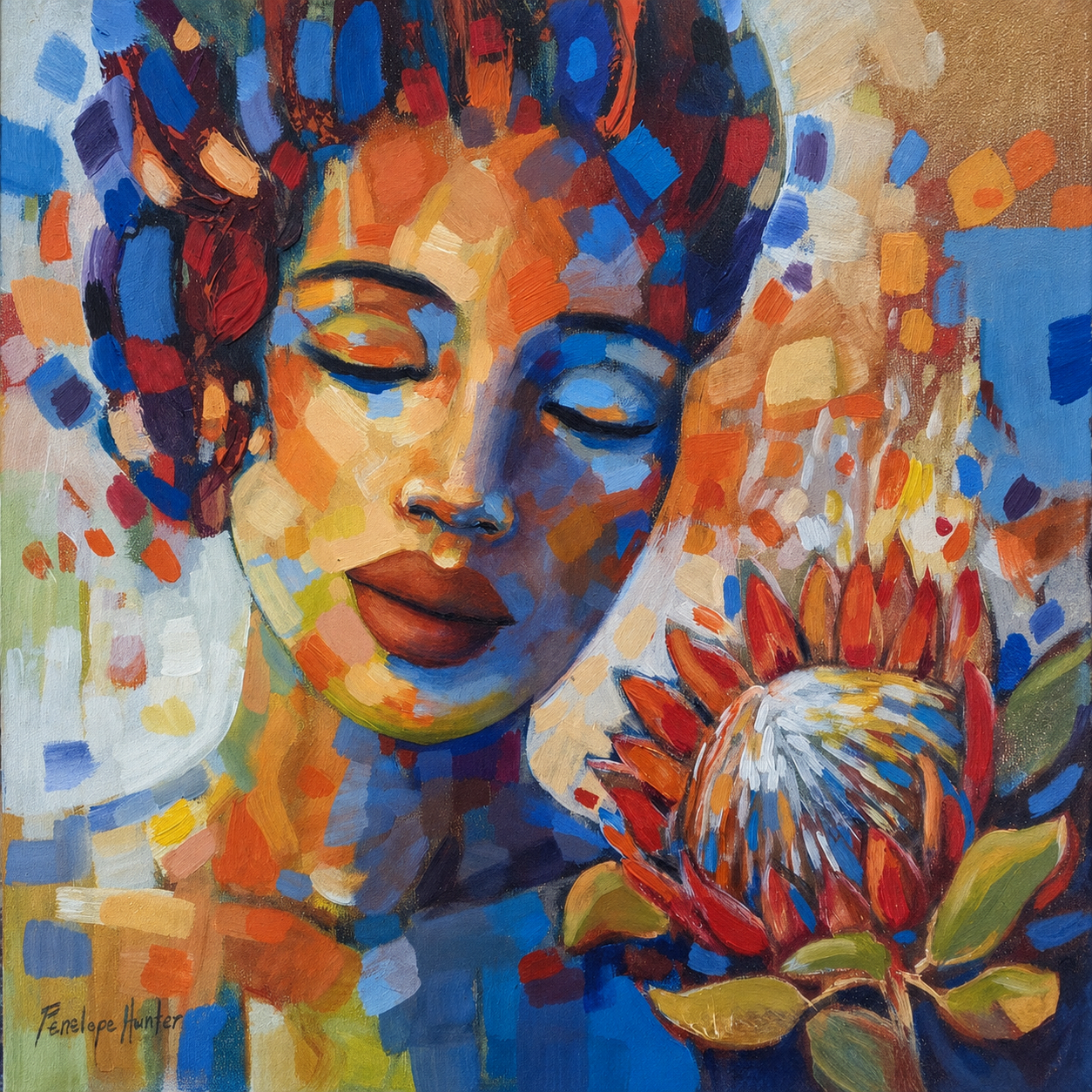 Penelope Hunter original acrylic painting on stretched canvas depicting a serene woman with closed eyes beside a colourful protea flower