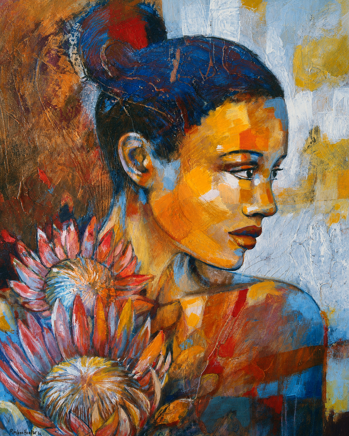 Penelope Hunter original acrylic painting on stretched canvas depicting a woman in side profile beside colourful protea flowers