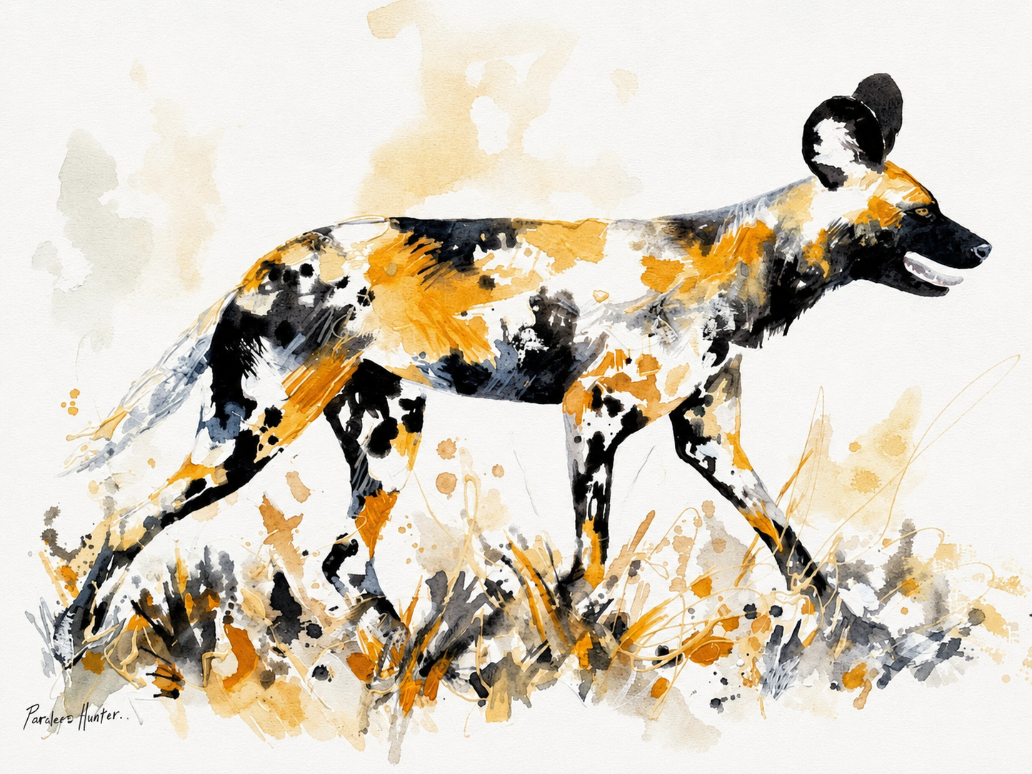 Penelope Hunter original acrylic painting on stretched canvas depicting a solitary African wild dog walking through expressive golden grass