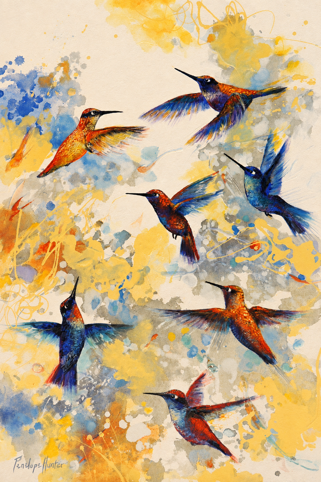 Penelope Hunter original acrylic painting on stretched canvas depicting colourful swallows flying through an expressive blue and golden background