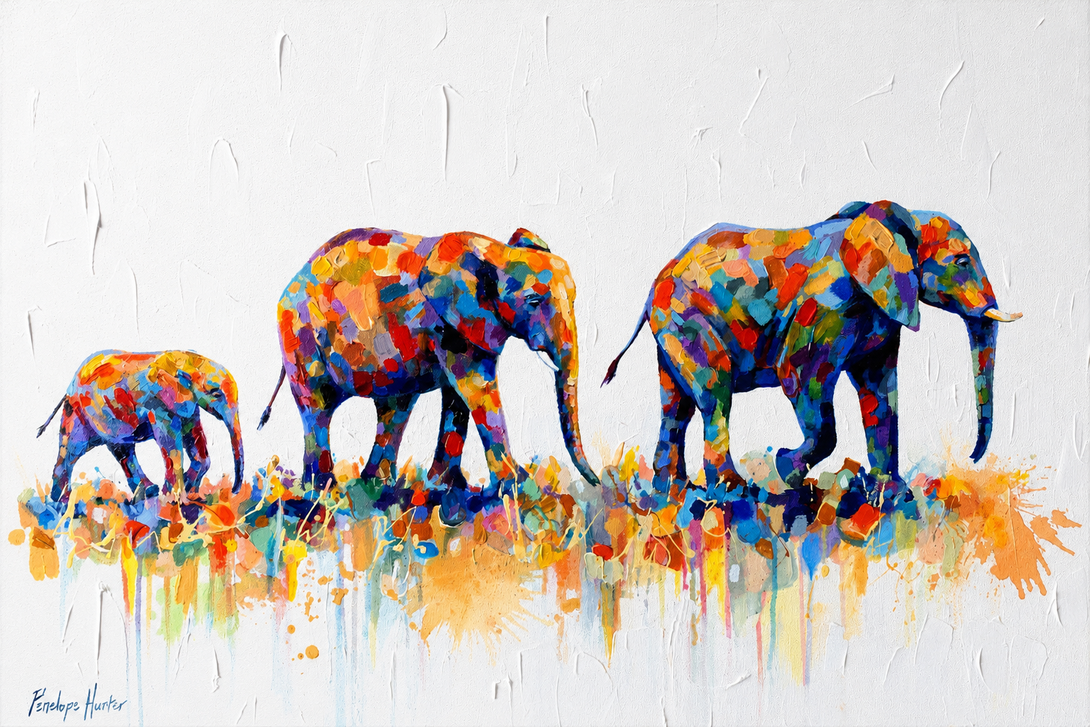 Penelope Hunter original acrylic painting on stretched canvas depicting three African elephants in vivid blue, orange, red and yellow colour