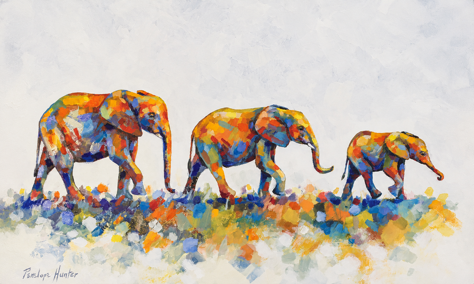 Penelope Hunter original acrylic painting on stretched canvas depicting three colourful African elephants walking together
