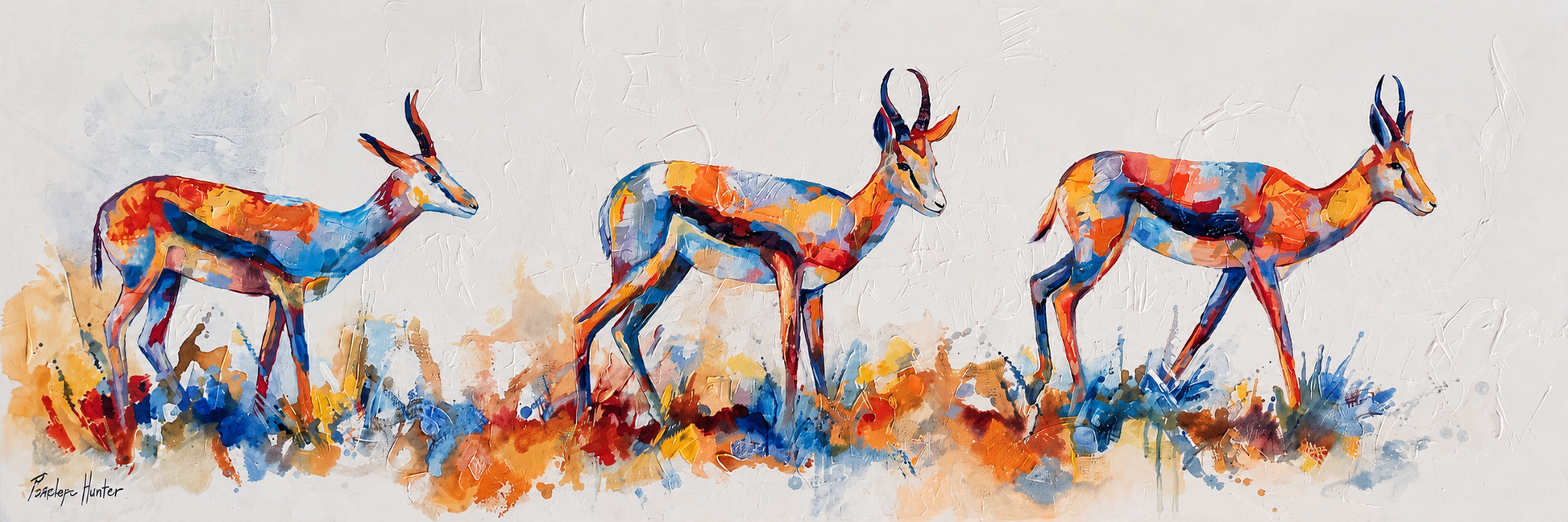 Penelope Hunter original acrylic painting on stretched canvas depicting three colourful springbok walking across a panoramic landscape