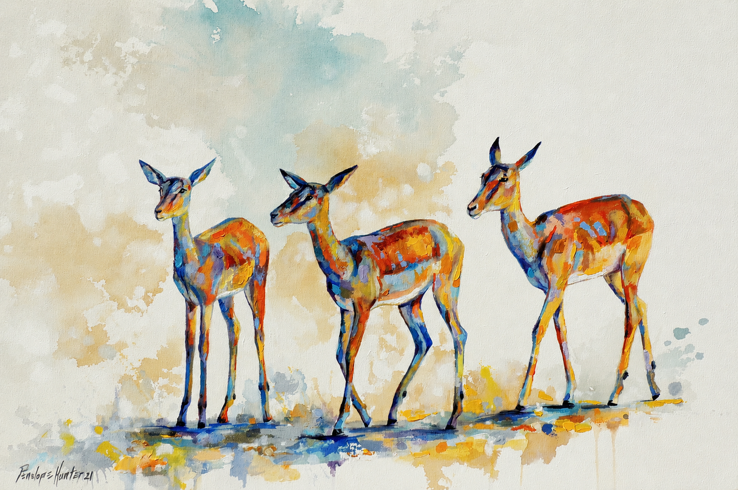 Penelope Hunter original acrylic painting on stretched canvas depicting three colourful springbok standing together against a light background