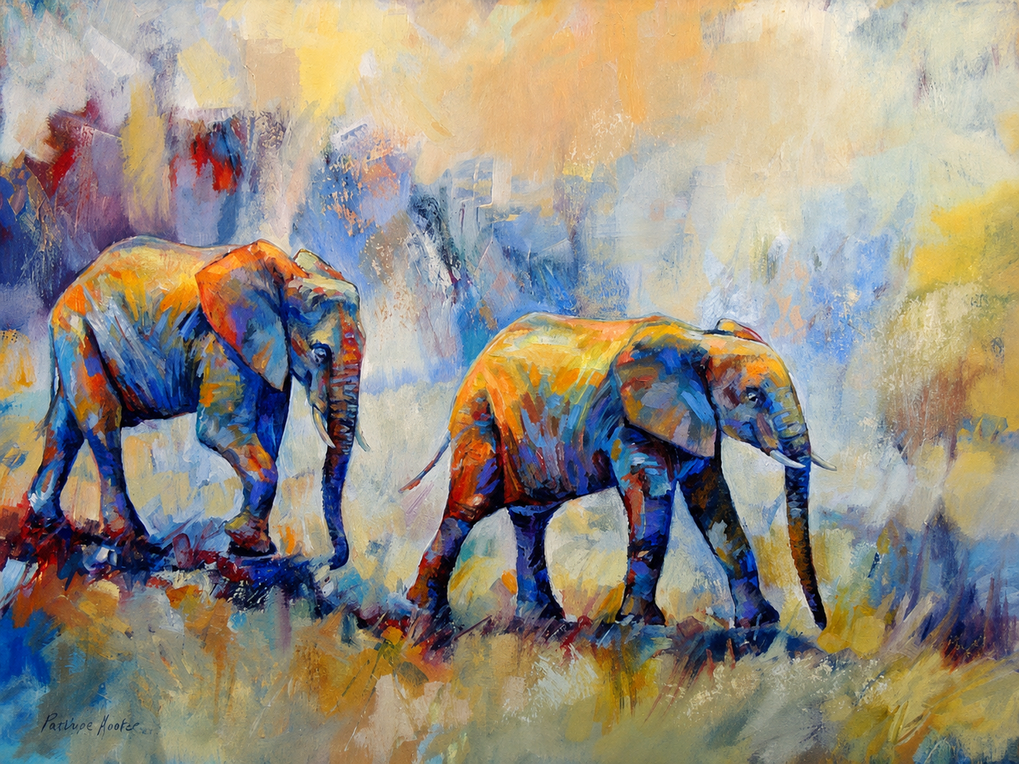 Penelope Hunter original acrylic painting on stretched canvas depicting two African elephants walking through a blue and golden landscape
