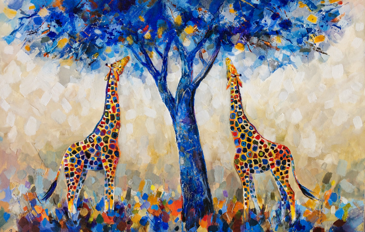 Penelope Hunter original acrylic painting on stretched canvas depicting two colourful giraffes standing beneath a vivid blue acacia tree