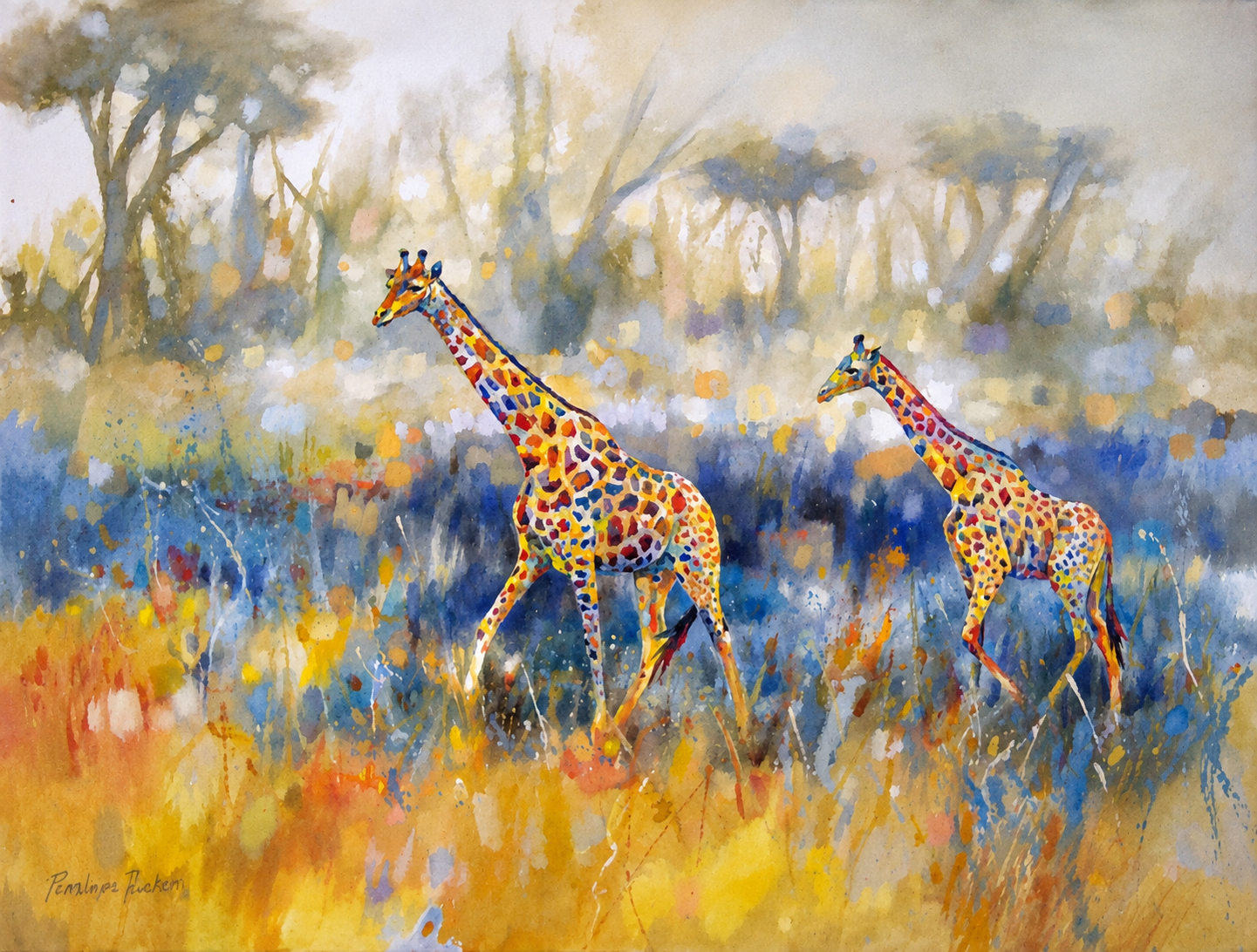 Penelope Hunter original acrylic painting on stretched canvas depicting two colourful giraffes walking through a blue and golden savanna