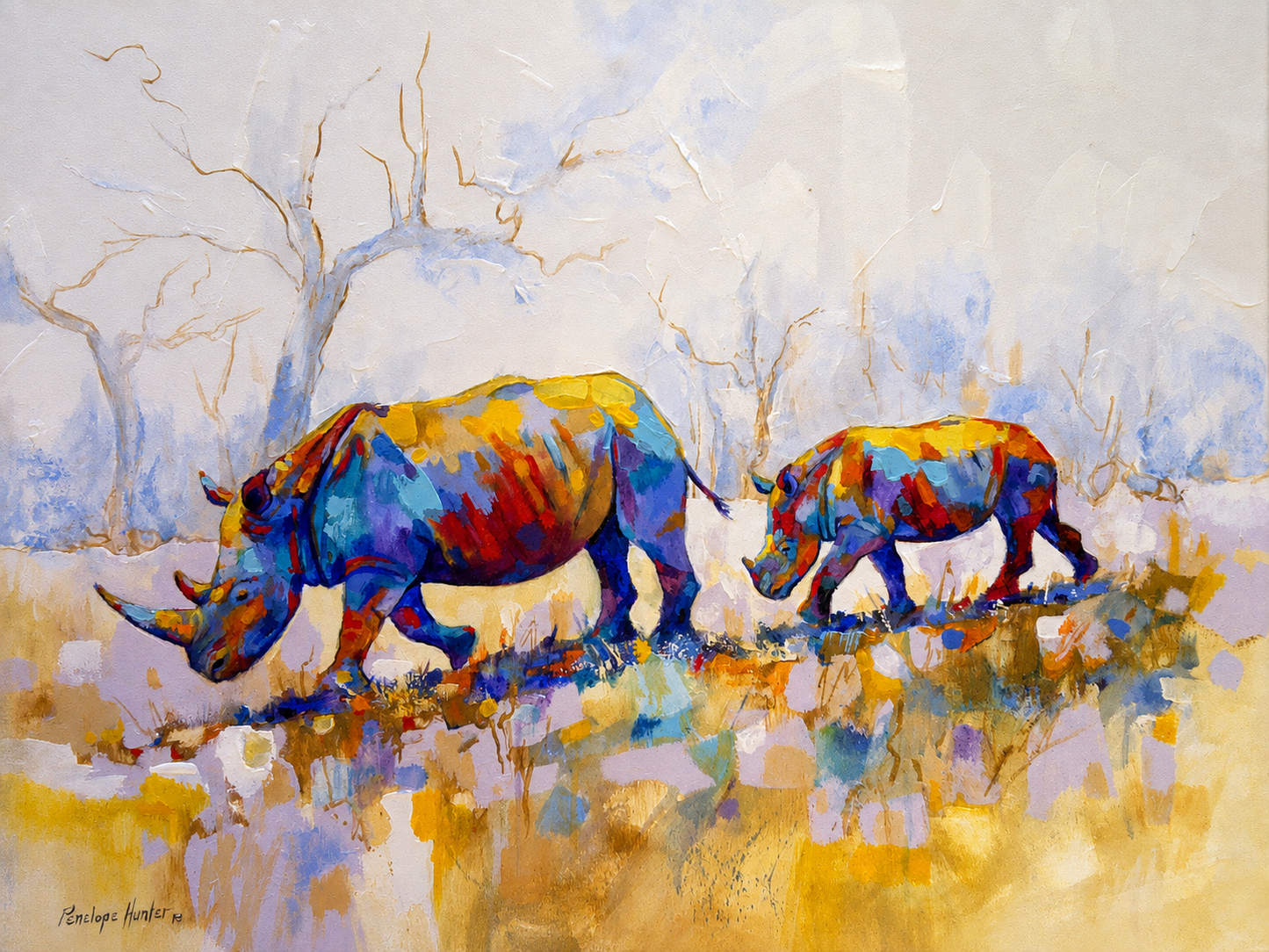 Penelope Hunter original acrylic painting on stretched canvas depicting two colourful rhinoceroses in blue, orange and golden tones
