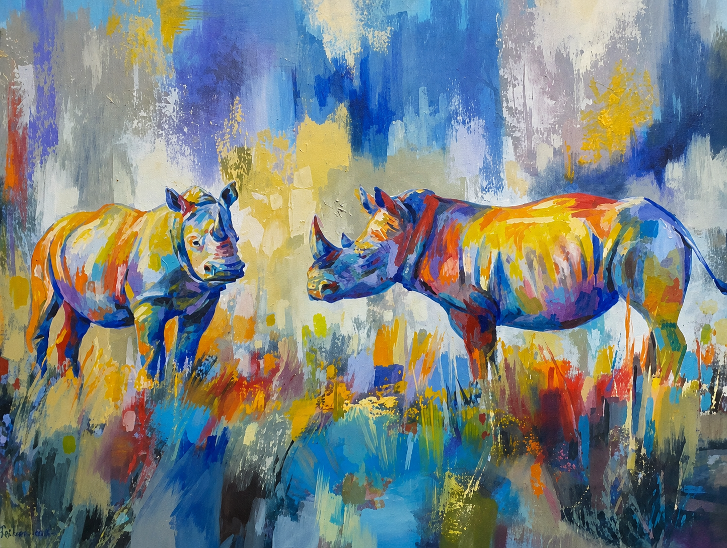 Penelope Hunter original acrylic painting on stretched canvas depicting two rhinoceroses facing one another in a blue and golden landscape