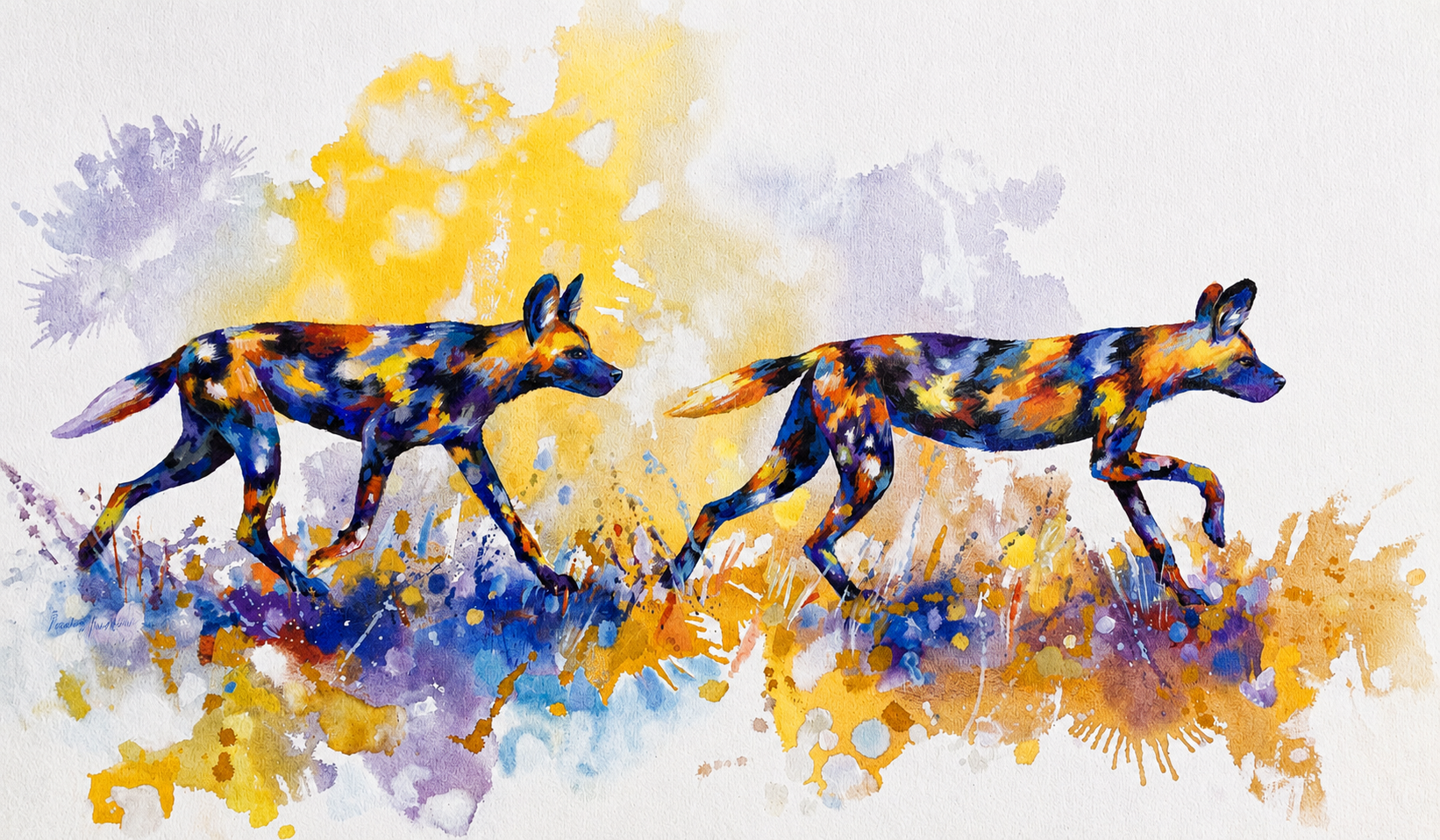 Penelope Hunter original acrylic painting on stretched canvas depicting two African wild dogs running through expressive blue and golden colour