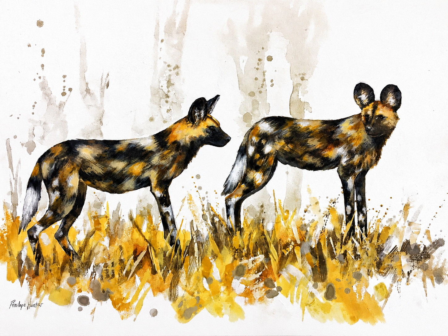 Penelope Hunter original acrylic painting on stretched canvas depicting two African wild dogs standing alert among tall golden grass