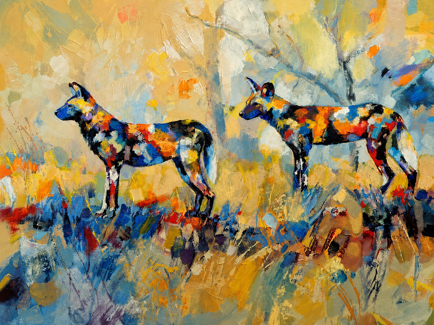 Penelope Hunter original acrylic painting on stretched canvas depicting two African wild dogs standing in a colourful blue and golden grassland