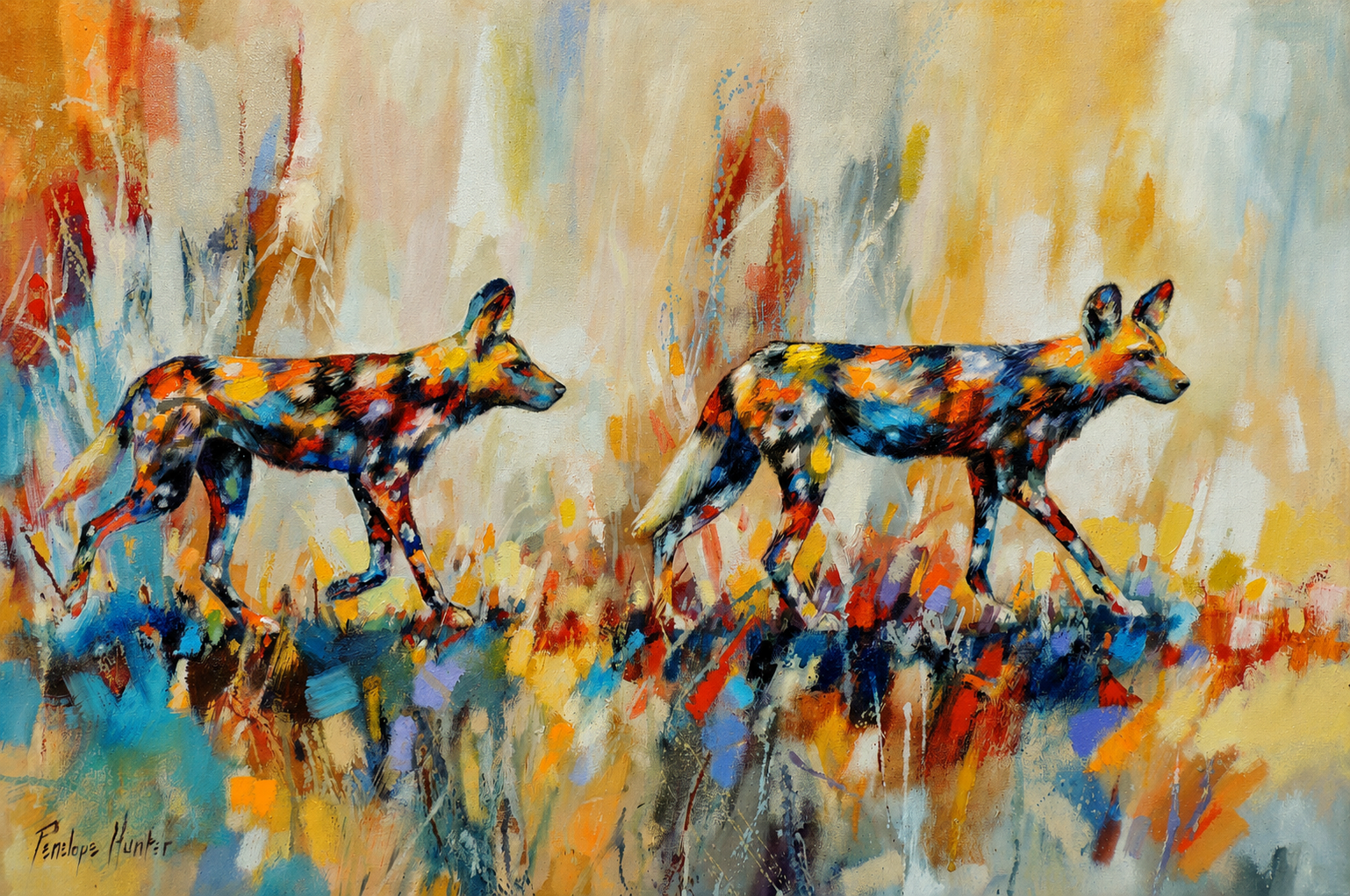 Penelope Hunter original acrylic painting on stretched canvas depicting two African wild dogs walking together through tall grass