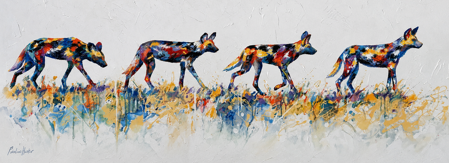 Penelope Hunter original acrylic painting on stretched canvas depicting four colourful African wild dogs moving in a line